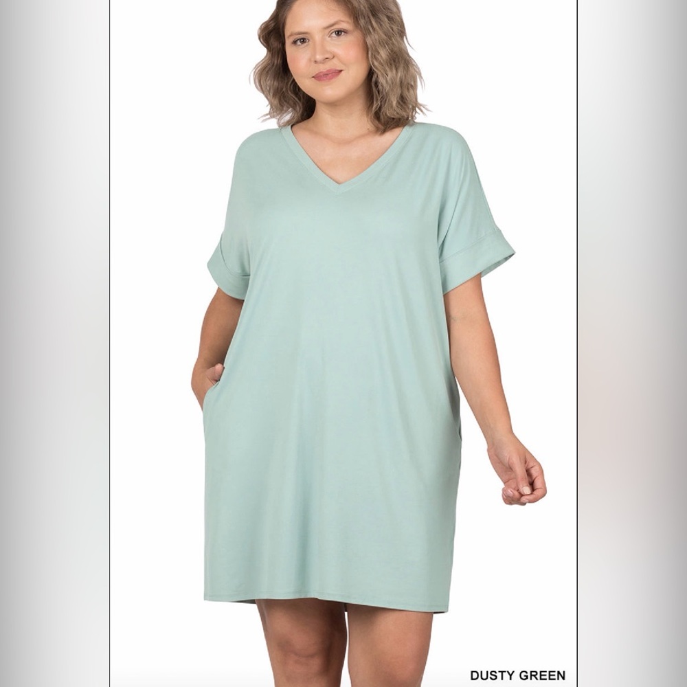 Zenana Plus Size Rolled Short Sleeve V-neck Mini Dress, Dusty Green